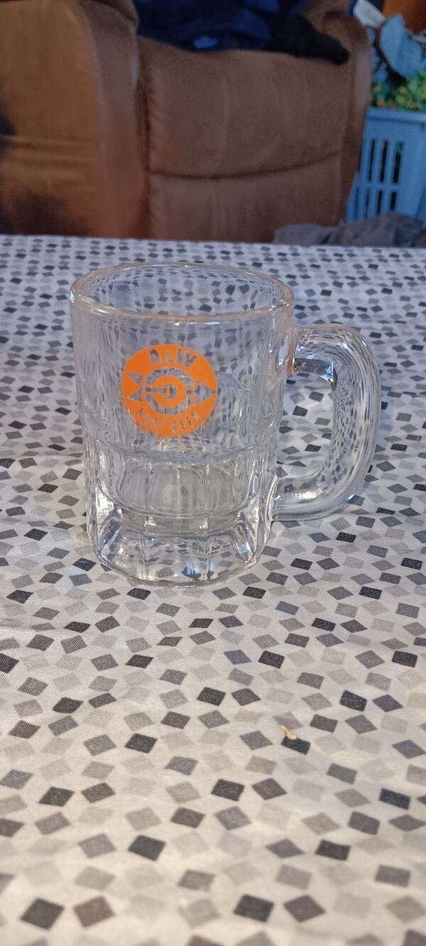 1960s VTG A&W Root Beer Mini Mug Clear Glass Bullseye Arrow Orange Logo AW 3.25"